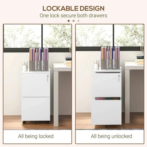 White lockable filing cabinet with two drawers; lock engaged and unlocked views