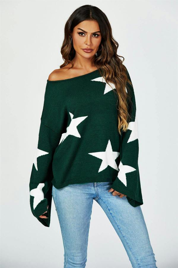 FS Collection Wide Sleeve Oversize Dark Green Jumper With White Star