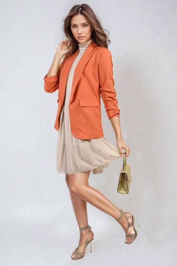 Valerie Ruched Sleeve Open Front Blazer Jacket With Front Pockets - Orange