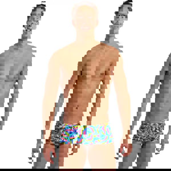 Funky Trunks Choppy Waters Classic blue and yellow tie-dye swim trunks with peace sign