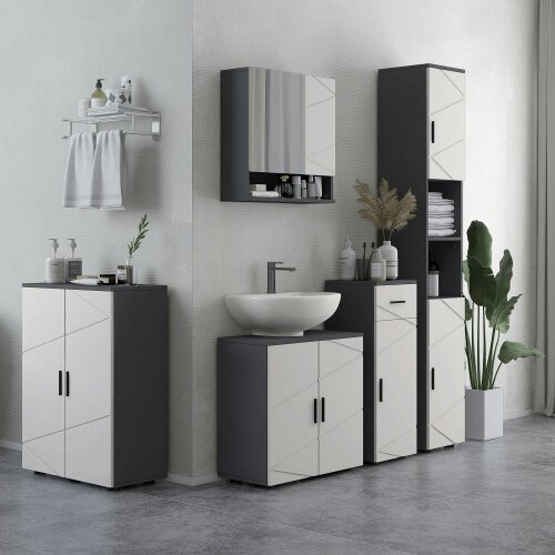 Wyld Haus Nomalo Tall Minimalist Bathroom Storage Cabinet With Line Embossed Front And Adjustable Shelves Grey