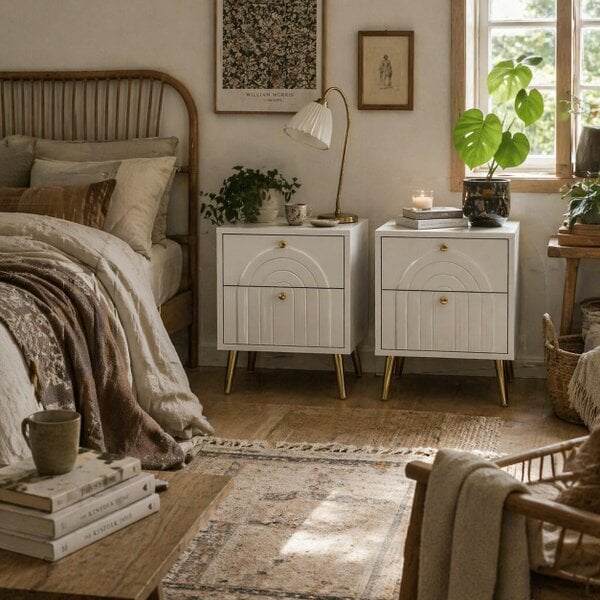Wyld Haus Leri Kama Set Of 2 White Bedside Tables 2 Drawers Golden Handles