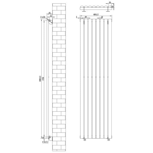 Anthracite grey oval single column radiator with dimensions 1800mm x 480mm, showcasing sleek lines and modern design elements