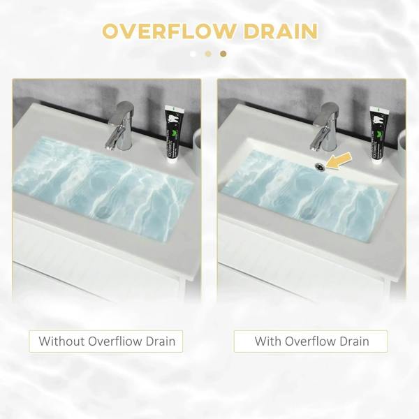 Bathroom sink basin on vanity with overflow drain opening and single-tap deck