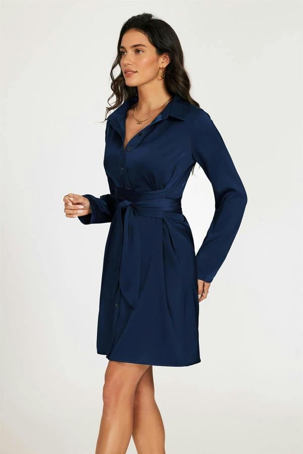 FS Collection Satin Wrap Tie Mini Shirt Dress In Navy