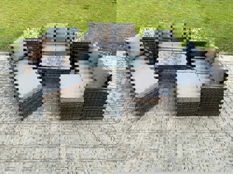 Fimous 7 Seater Outdoor Rattan Patio Furniture Set Garden Lounge Sofa Set with 2 Side Tables 2 Big Footstool Coffee Table Dark Grey Mixed