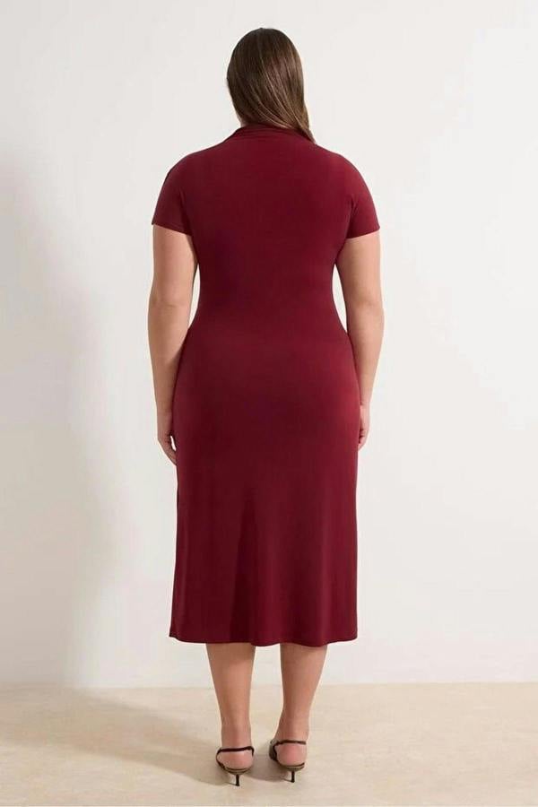 WOVCOR High Neck Knot Detail Midi Knitted Plus Size Dress