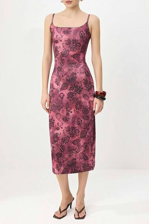 WOVCOR Floral Bodycon Square Neck Sleeveless Knitted Dress