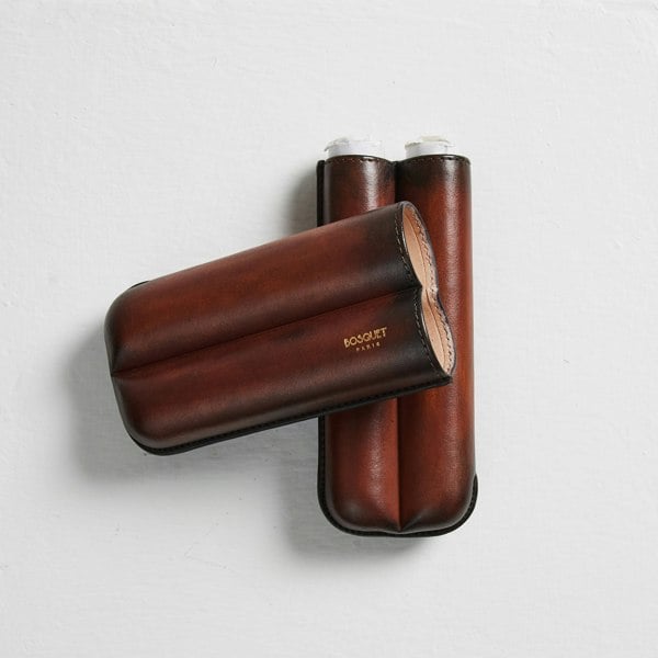 Leather cigar Case for 2 cigars - Hand finished in mahogany red patina, elegant cigar case