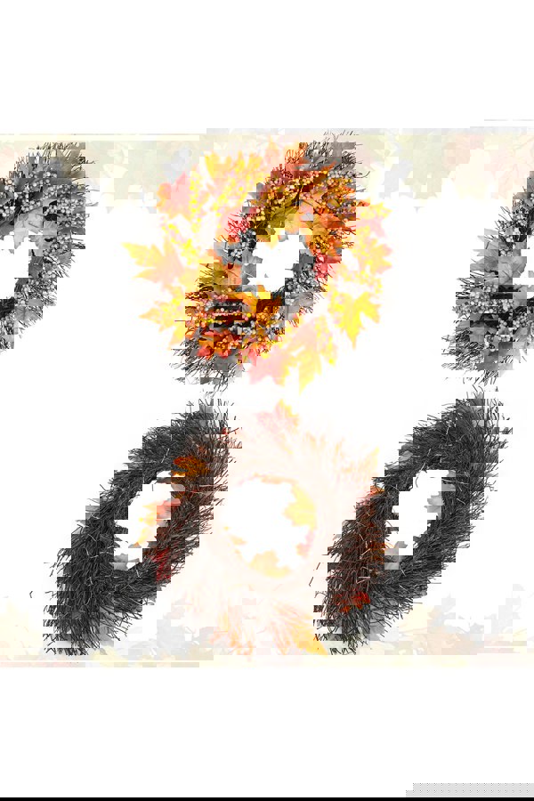 Living and Home 45cm Artificial Fall Wreath for Front Door with Hook & Light Maple Leaf Berry Rattan Ring Wreath