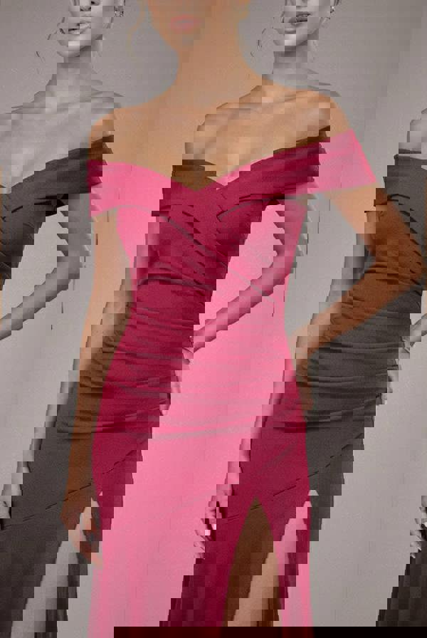Scuba Crepe Off Shoulder Front Split Maxi Dress - Wine DR2930