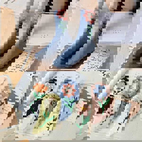 Anyfootwear 5 Pairs One Size 5-8 White Blue Style Cartoon Flower With Candy Color Kawaii Mid Tube Breathable Casual Short Socks For Women