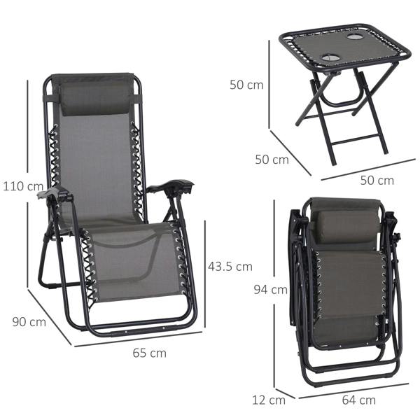 Dark grey folding zero-gravity lounge chairs and matching side table, multiple views