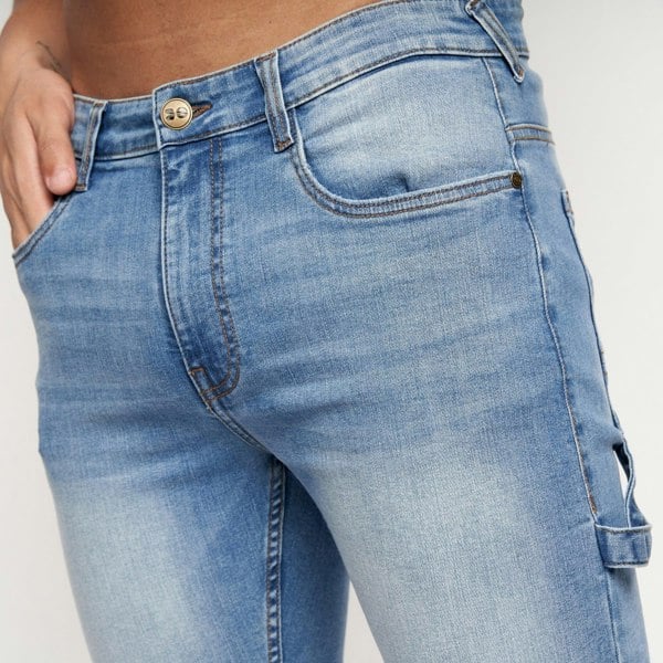 Crosshatch Carpenter Denim Shorts Mid Wash