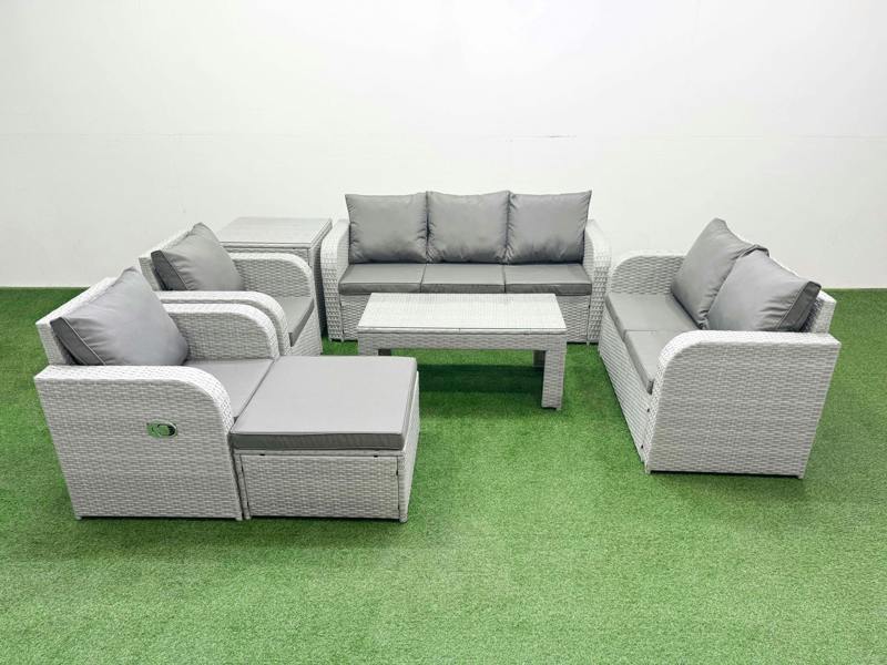 Fimous PE Rattan Garden Furniture Set, 3 Seater Sofa, Double Love Seat, 2 Seater Lounge, Rectangular Coffee Table, Big Footstool & Side Table