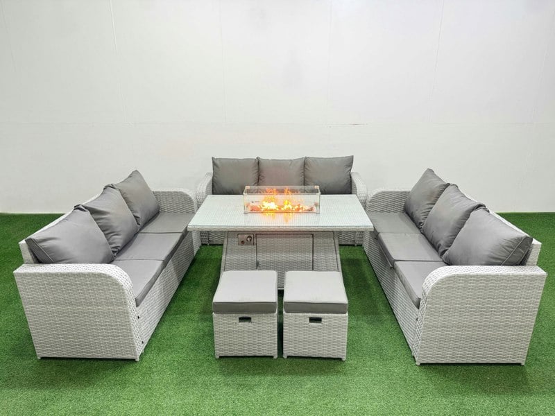 Fimous PE Rattan Lounge Sofa Set 11 Seater Outdoor Garden Furniture Set with Fire Pit Dining Table 3 Seater Sofa 2 Stools Light Grey