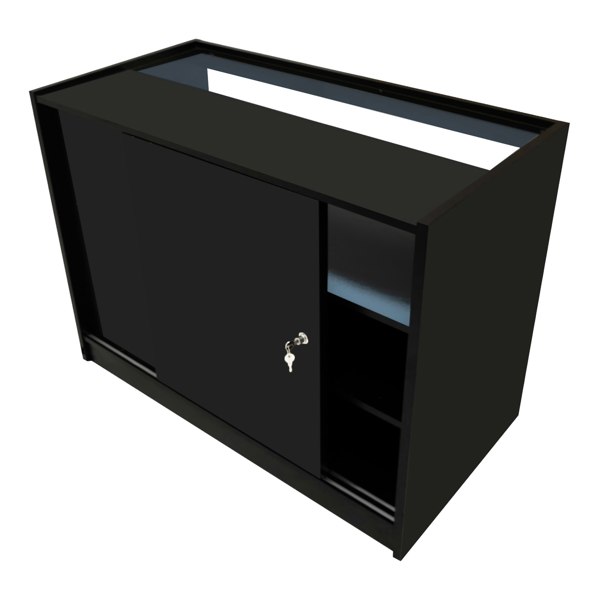 Demeter LED Shop Counter Set in sleek black, featuring a sliding door, open shelving, and a smooth surface for display and storage