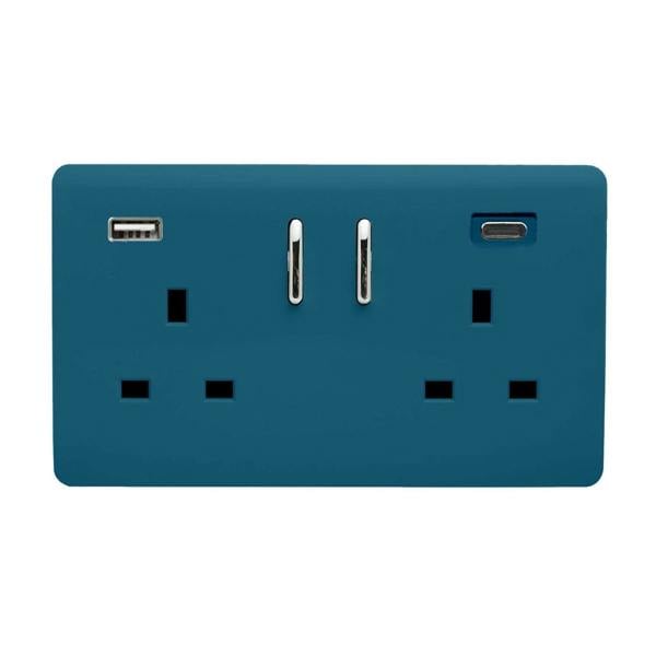 Trendi Switch 2 Gang USB 3100mA Type A & C USB Plug Socket in Ocean Blue
