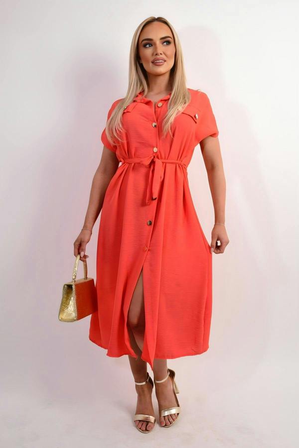 Annie Collared Button Down Short Sleeve Tie Waist Midi Dress - Coral