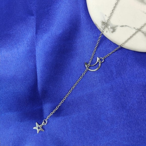 The Colourful Aura Long Slim Moon Star Drop Y Shape Moon Interlock Lariat Necklace