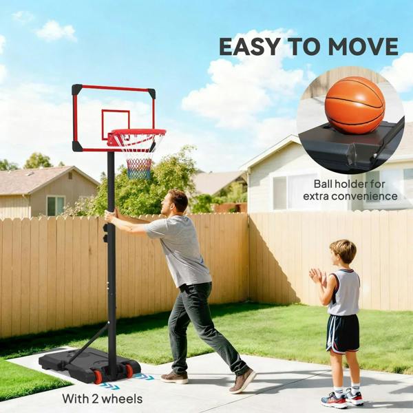 Portable basketball hoop with red rim, net, ball holder, and wheeled base