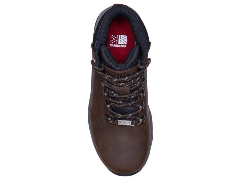 Karrimor Mendip 4 Womens Waterproof Hiking Trekking Ankle Boots, top view of the dark brown leather ankle boot with padded collar and laced closure, waterproof feature highlighted on the tongue.