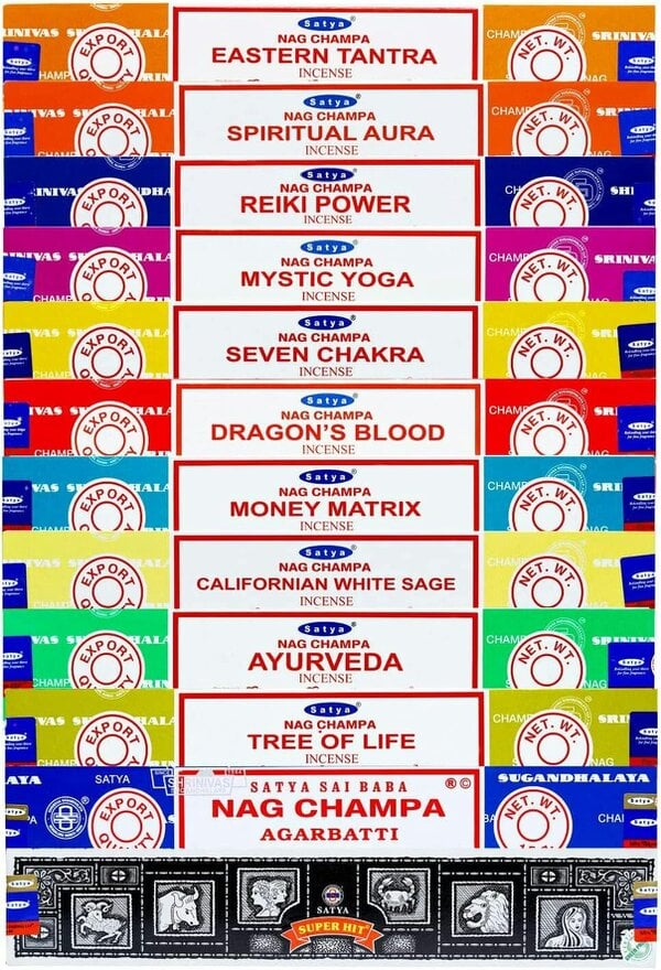Satya Nag Champa Variety Incense Sticks Set, 12 x 15g Packs