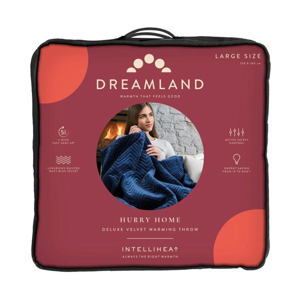 Dreamland Hurry Home Velvet Heated Throw Electric Blanket - Navy Blue Herringbone - 160cm x 120cm