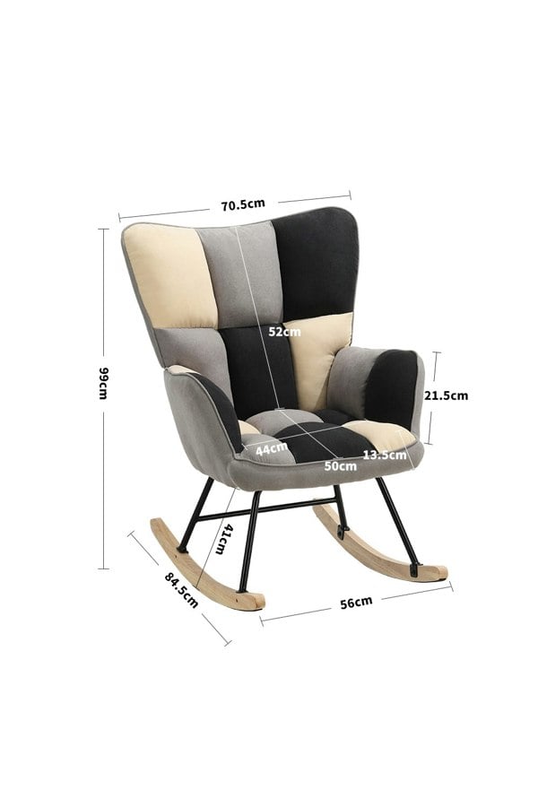 Living and Home Beige Grey Black Check Tufted Linen Patchwork Rocking Chair