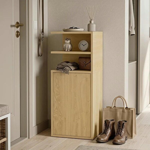 Slim Bedside Table Set of 2, Narrow Bedside Cabinet with Open Cubbies and Cupboard for Bedroom Living Room, Oak