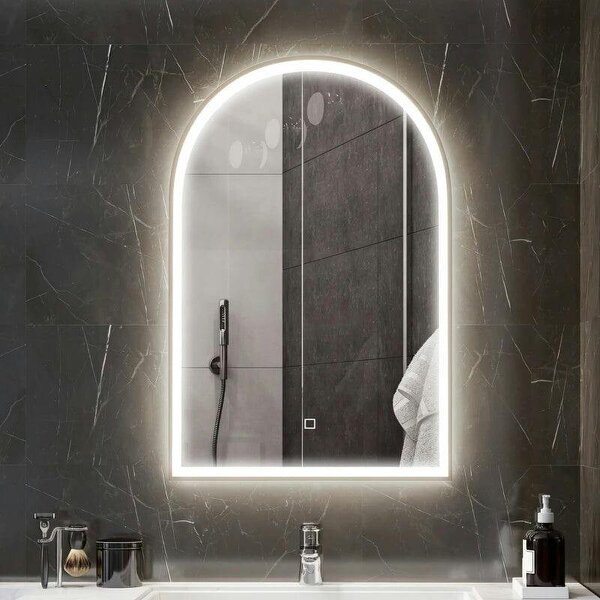 Bobobiy 90 x 60 cm Bathroom Mirror with LED Lights, Anti-Fog Arched Vanity Mirror with 3 Colour Dimmable, Gold Tone - Gold Tone