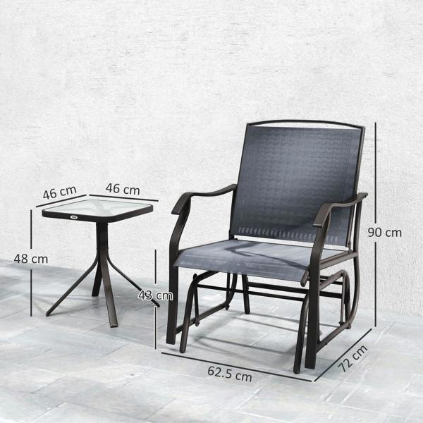 Grey rocking chair with armrests and textured seat on a metal rock base