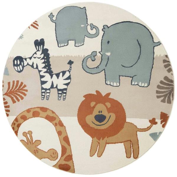 Round children's rug with cartoon animals including a lion, zebra, and elephant on a beige background.