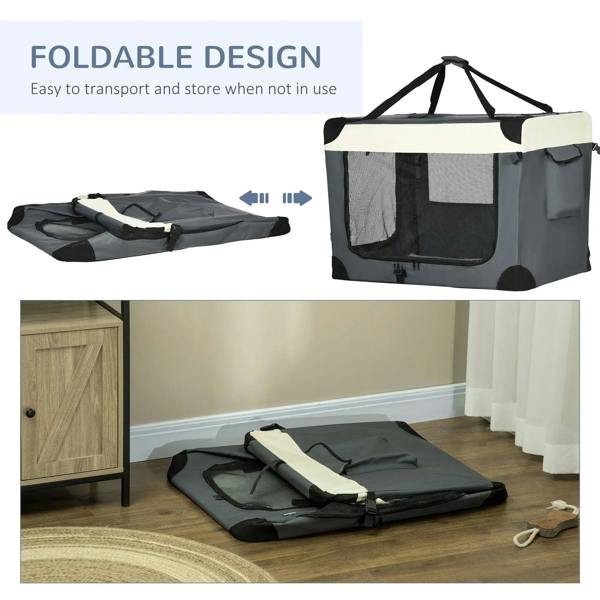 Grey foldable pet carrier with cushion mat, black trim, and fold-flat storage setup