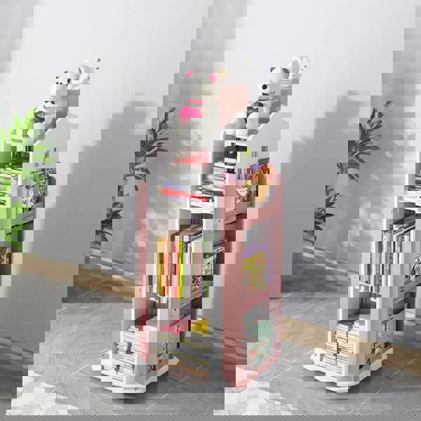 Living and Home House Frame Rotating Bookshelf Storage Rack - Pink