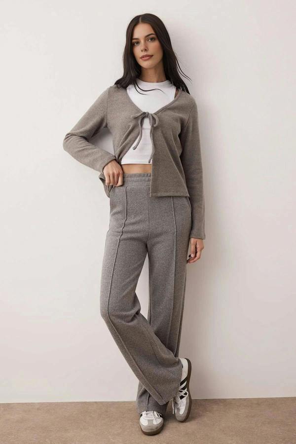 WOVCOR 2-Piece V-Neck Textured Flexible Knit Bottom-Top Set with Tie Detail