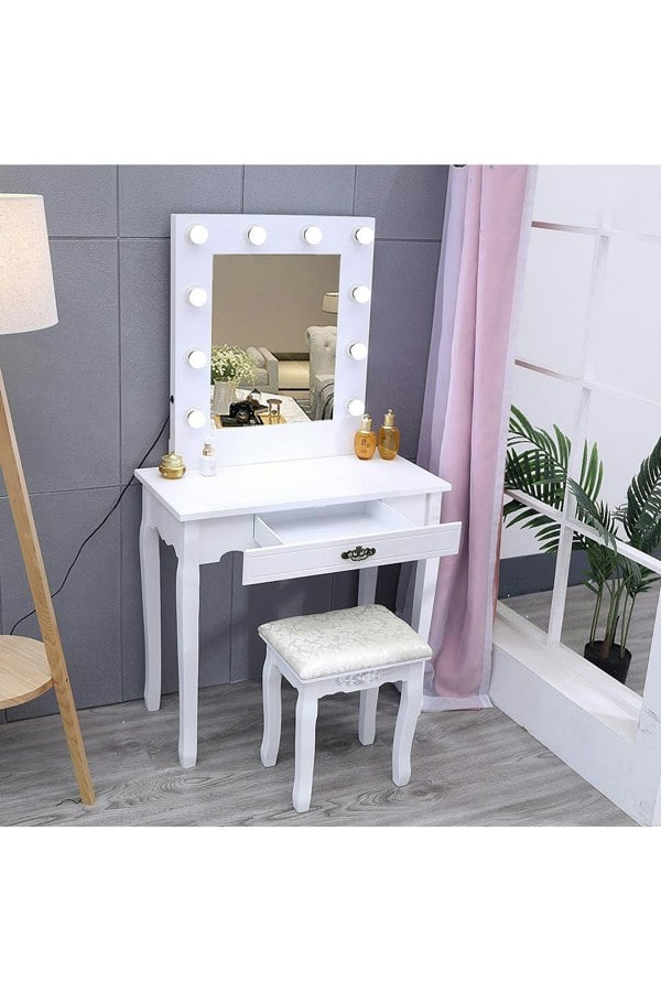 Living and Home Vanity Dressing Table with LED Lights Mirror White