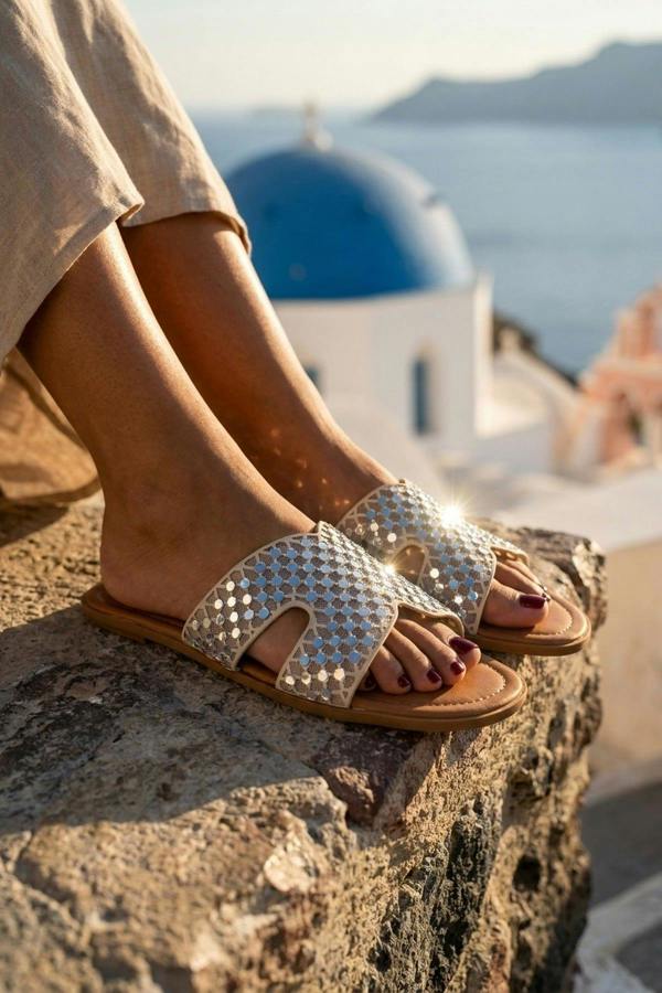 Cordelia Mirrored Disc Embellished H Sandals - Beige