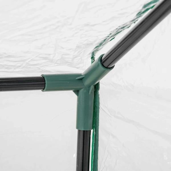 Green frame corner joint of mini greenhouse with clear cover