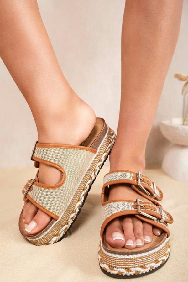 Nora Double Buckle Platform Espadrille Sliders - Camel