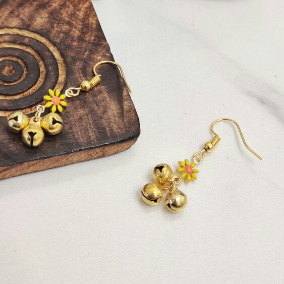 The Colourful Aura Small Sunflower Flora Ghungroo Charm Dainty Boho Hooks Drop Earrings