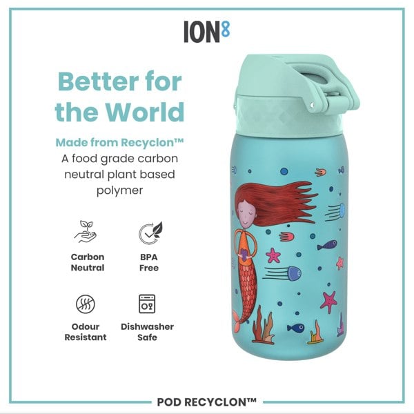 A light-blue water bottle, featuring a mermaid design, sits against a white background; it's made from a plant-based polymer and is BPA free, dishwasher safe, and odour resistant.