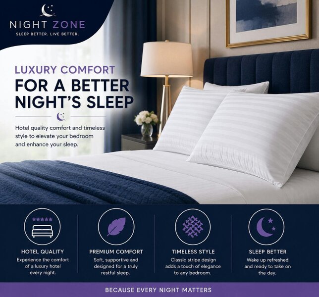 Night Zone Satin Stripe Pillows – Soft Hollow Fibre Hotel Quality Bed Pillows