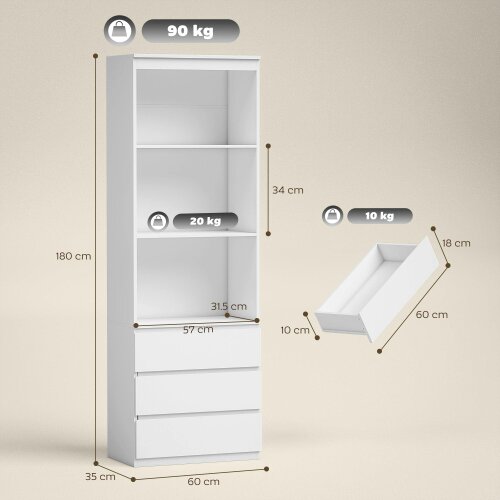 Wyld Haus Seso Wood White Tall Bookcase With Shelves And Integrated Drawers 180 cm