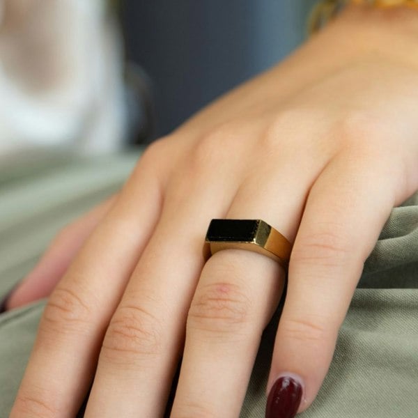 The Colourful Aura Flat Top Rectangle Thin Black Signet Solid Brass 18ct Gold Ring