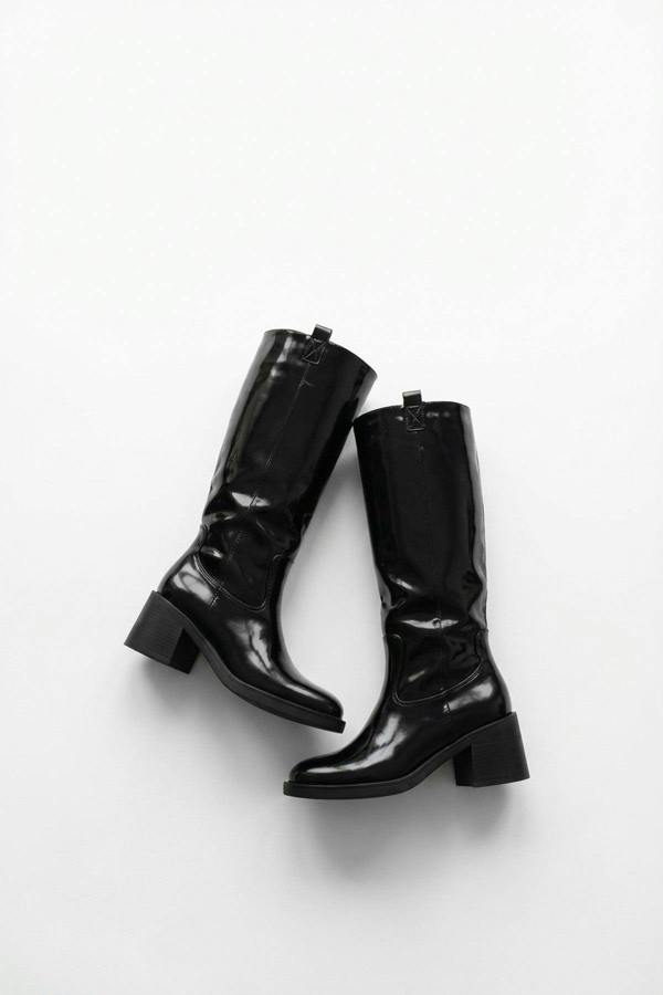 Verira Patent Knee High Block Heel Boots - Black_wb