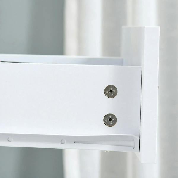 Interior shelf support hardware on white sideboard cabinet, shown on side panel