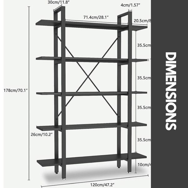 Rafaelo Mobilia Industrial 5 Tier Black Bookcase