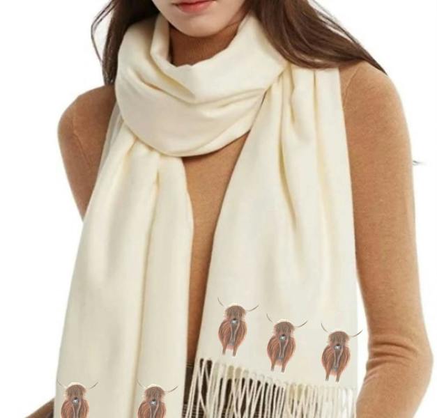 Art on Scarves Cashmere Feel Luxury Scarf Handprinted with Highland Cows