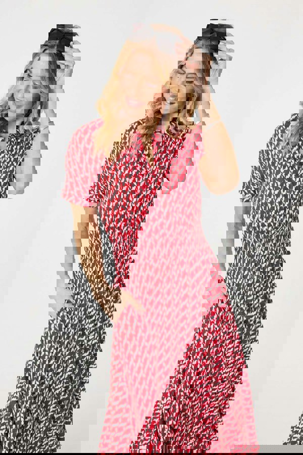 Red | Geo Print Hanky Hem Midi Dress